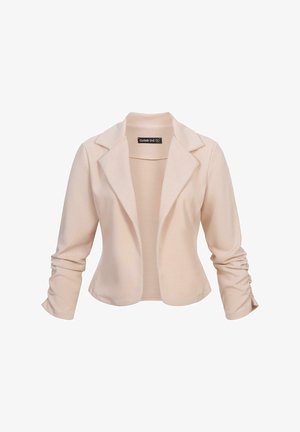 Helles rosa Blazer mit tailliertem Schnitt, Reverskragen und gerafften langen Ärmeln, aus einem glatten, leicht strukturierten Stoff gefertigt.