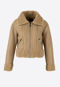 Giacca in pelle beige tagliata, con colletto e orlo in pelliccia sintetica, dotata di due tasche anteriori con zip e maniche in pelle solida.