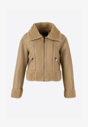 Przycięta beżowa skórzana kurtka z kołnierzem i dolną częścią z sztucznego owczewełny, z dwiema zamykanymi na zamek kieszeniami z przodu i solidnymi skórzanymi rękawami.