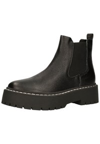 Schwarze Lederstiefelette mit elastischen Seiteneinsätzen, strukturiertem Obermaterial und dicker Gummisohle. Weiße Nähte entlang der Sohle verleihen zusätzlichen Detail.