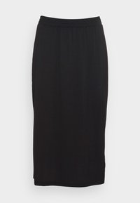Jupe noire à mi-mollet en tissu doux et extensible. Elle présente une taille élastique et une silhouette simple et droite sans poches.