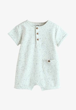 Heledhalli ribidega lühikeste varrukatega romper, millel on kaeluses kolm puidust nuppu, ees tasku ja all ühendusnupud.