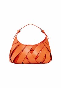 Orange leather handbag with woven design, featuring a curved handle and metallic hardware accents. Smooth texture and structured shape.