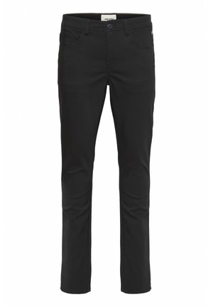 Černé džíny slim fit vyrobené z hladké tkaniny. Mají zipový klín, přední kapsy a nenápadný logotyp na zadní straně.