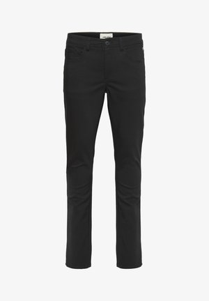 Fekete farmernadrág, slim fit fazonban, sima anyagból készült. Cipzáras zipzárral, elülső zsebekkel és diszkrét logóval a hátsó részen.