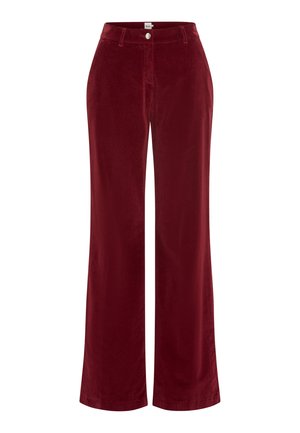 Pantaloni a gamba larga in materiale corduroy borgogna. Presentano una chiusura frontale con bottone e una superficie liscia senza motivi o dettagli.