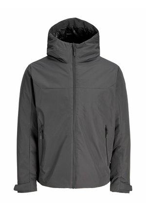 Casaco com capuz cinzento escuro com fecho frontal e dois bolsos laterais com fecho, concebido para tempo frio e húmido.
