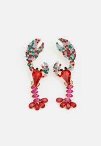 Red and pink lobster-shaped earrings featuring multicolored rhinestones. Intricate design with varying gem shapes and sizes, metal accents.