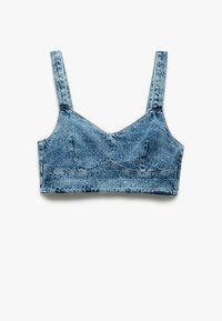 Bralette in denim con una leggera lavatura blu, spalline larghe e sottili motivi di cucitura verticale. Include coppe sagomate e un scollatura dritta.