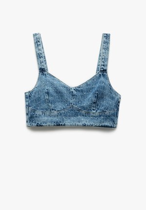Jeansowy bralet z jasnoniebieskim odcieniem, szerokimi ramiączkami i subtelnymi pionowymi wzorami. Zawiera formowane miseczki i prosty dekolt.