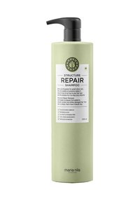 Groene fles van Maria Nila Structure Repair Shampoo met zwarte pomp, met nadruk op reparatie, kleurbehoud, veganistische ingrediënten en Zweedse productie.