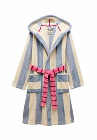 Kapuutzi ja sinise ning kreemja vertikaalse triibuga vannitoarik, kahe esise tasku ja tumedama roosa triibuga seotud roosa vööga.