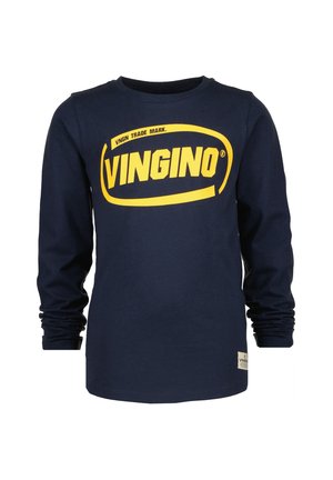 Navyblå langærmet skjorte med fedt gult "VINGINO" logo centreret på brystet, rund halsudskæring og et lille brandlabel nær kanten.
