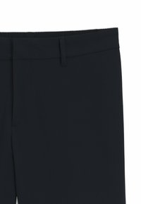 Navy blue trousers with a smooth texture, elastic waistband, and side pockets. Features a flat front and neat seam detailing.