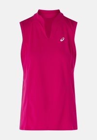 Top atlético sin mangas fucsia con cuello, panel texturizado en el cuello y detalle del logo en el lado izquierdo del pecho. Fabricado con tejido que absorbe la humedad.