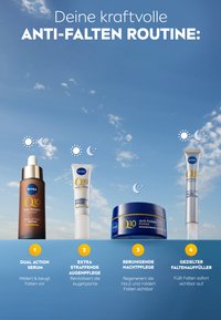 Vier NIVEA Hautpflegeprodukte für eine Anti-Falten-Routine: ein Serum in einer braunen Flasche, eine weißer Creme-Tube, eine blauer Cremetiegel und ein silberner Füllstab.