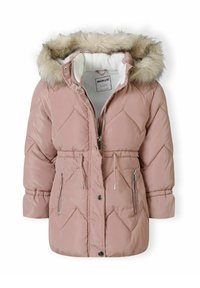 Veste rembourrée rose avec une capuche en fausse fourrure, une taille ajustable par cordon, des poches latérales zippées et un motif en losanges.