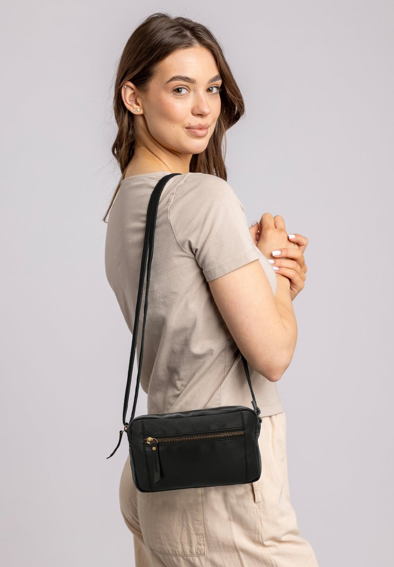 Borsa a tracolla in pelle nera con tasca frontale con zip, forma rettangolare, texture liscia e tracolla regolabile, indossata sulla spalla.