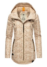 Chaqueta beige con un patrón, cierre de cremallera, dos bolsillos laterales y un forro interno suave. Presenta una capucha y detalles con cordón ajustable.