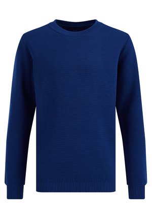 Pull en tricot bleu marine à manches longues avec poignets, ourlet et encolure ras-du-cou côtelés, présenté sur fond blanc.