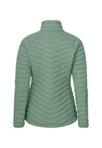 Chaqueta de plumas verde claro con cuello alto y patrón de rombos acolchados. Presenta mangas largas y una textura suave y mate.