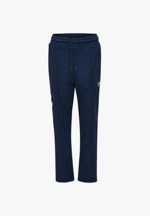 Marineblaue Sweatpants aus weichem Stoff, mit einem Kordelzug-Bund, zwei seitlichen Taschen und einem Logo-Akzent am linken Bein.