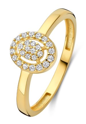 Gouden ring met een cirkelvormig ontwerp en een spiraalpatroon, bezet met meerdere heldere ronde edelstenen in een gepolijste band.