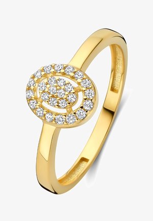 Gouden ring met een cirkelvormig ontwerp en een spiraalpatroon, bezet met meerdere heldere ronde edelstenen in een gepolijste band.