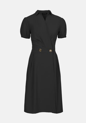 Black wrap dress made of smooth fabric, featuring a collared neck, short puff sleeves, gold button accents, and a pleated skirt.