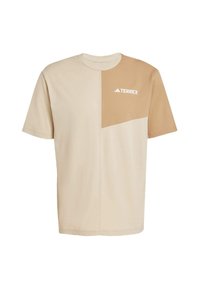 Beige T-shirt with a brown accent panel, short sleeves, crew neck, and white "TERREX" logo on the chest; made from lightweight material.