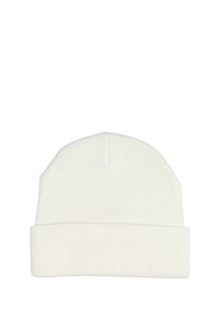 Berretto in maglia bianco con risvolto, caratterizzato da una texture a coste verticali e un top senza cuciture. Realizzato in un tessuto morbido ed elastico per il massimo comfort.
