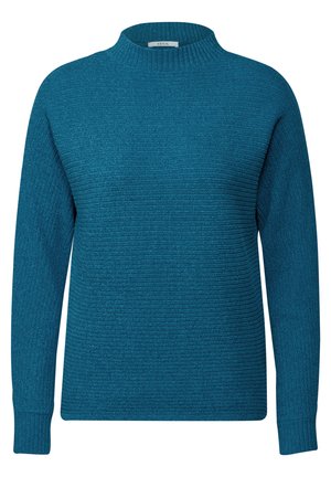 Teal gebreide trui met een ribbelstructuur, hoge hals en lange mouwen. Eenvoudig, relaxed-fit ontwerp zonder patronen of versieringen.