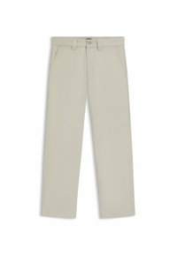 Pantaloni beige con design a gamba dritta, dotati di tasche anteriori, chiusura con bottone e una trama liscia. Dettagli di cucitura semplici e puliti.
