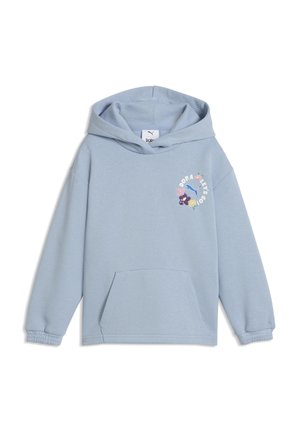 Sweat à capuche bleu clair avec poche avant et motif floral autour du logo sur la poitrine gauche.