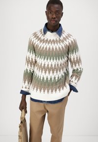 Der Strickpullover verfügt über ein Zickzackmuster in Cremetönen, Grün und Braun, hat einen Rundhalsausschnitt und dicke gerippte Bündchen über einem Jeanshemd.