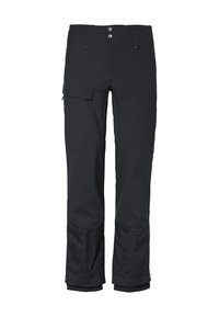 Pantalons de ski noirs avec une texture lisse, poches zippées, fermeture à bouton et jambes inférieures renforcées en tissu durable.