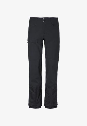 Schwarze Skihosen mit glatter Oberfläche, Reißverschluss-Taschen, Knopfverschluss und verstärkten Unterschenkeln, aus strapazierfähigem Material.