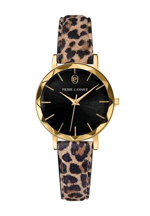 Damski zegarek na rękę z kopertą w odcieniu złota, czarną tarczą z efektem promieni słonecznych, złotymi wskazówkami oraz paskiem ze skóry o wzorze lamparta.