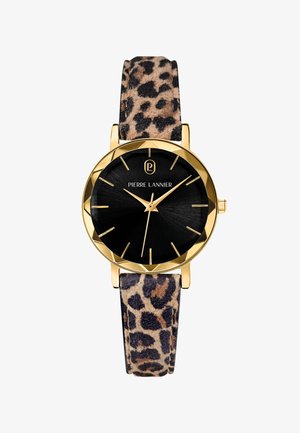 Women's wristwatch with gold-toned case, black sunray dial, gold hands, and leopard print leather strap.