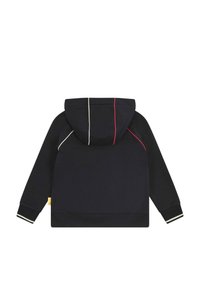 Felpa con cappuccio in tessuto blu navy con strisce di accento bianche e rosse e polsini a costine. Presenta una tasca a marsupio e una vestibilità comoda.