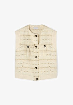 Romige textuur mouwloos vest met ribgebreide zijpanelen en grote zwarte knopen aan de voorkant en op twee borstzakken.