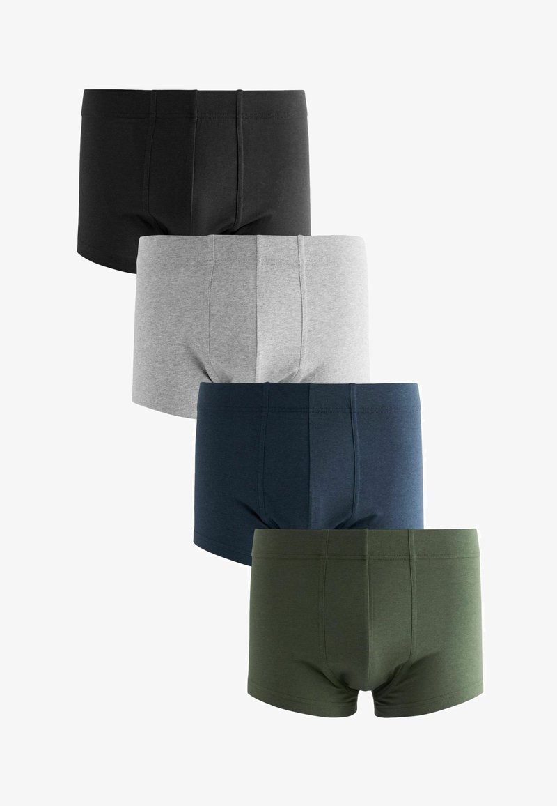 Cuatro pares de calzoncillos de hombre tipo boxer en negro, gris, azul marino y verde oliva, fabricados con un tejido suave y elástico con un diseño minimalista.