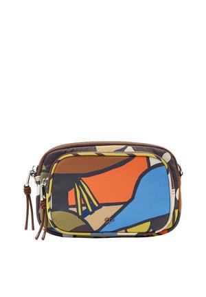 Mała prostokątna saszetka z abstrakcyjnym wielokolorowym wzorem w kolorach pomarańczowym, niebieskim, brązowym i żółtym, posiadająca dwie zapinane na zamek przegródki oraz skórzane uchwyty zamków.