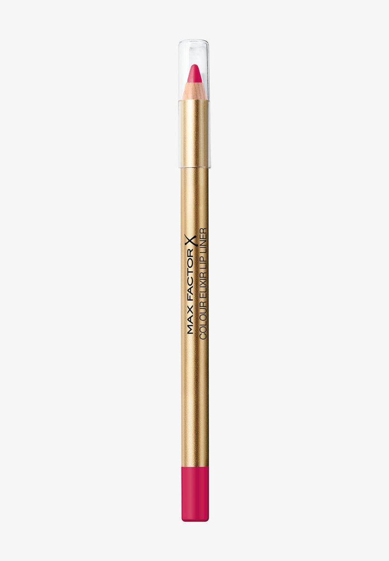 Max Factor X Colour Elixir Lippenstift in einer goldenen Tube mit einer pinken Spitze, ausgestattet mit einem transparenten Deckel und einer glatten, matten Oberfläche.