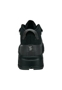 Schwarze Wanderschuhe mit strapazierfähigem Obermaterial aus Textil, Gummisohle, Zuglaschen und einem Logodetail an der Ferse. Glatte Oberfläche mit Polsterung.