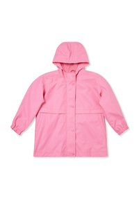 Giacca impermeabile rosa con cappuccio, chiusura con bottoni a pressione, polsini elasticizzati e tasca frontale piatta. Texture liscia e design leggero.