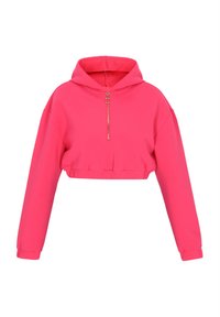 Rosa kortärmad hoodie, tillverkad av mjukt tyg, med en framsida med dragkedja och ringdragning, långa ärmar och en avslappnad passform med en samlad nederdel.
