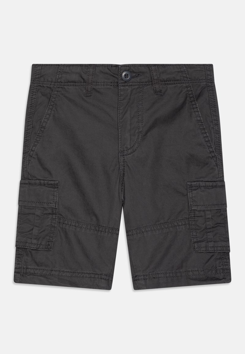 Shorts cargo noirs en tissu mélangé de coton. Comprend deux poches latérales et deux grandes poches cargo latérales. Détails de couture sur toute la surface.