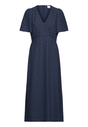 Abito midi blu navy con scollo a V, maniche corte a palloncino e pois neri testurizzati, aderente in vita con gonna fluente.