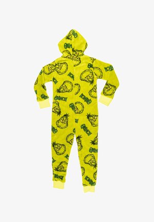 Green fleece onesie with Grinch pattern, featuring a hood and yellow cuffs. Soft texture with repeated cartoonish Grinch faces and "GRINCH" text.